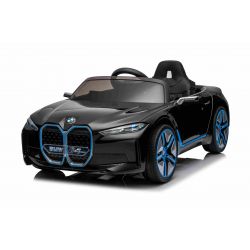 Elektrische loopauto BMW i4, zwart, 2,4 GHz afstandsbediening, USB/AUX/Bluetooth, achterwielophanging, 12V accu, LED verlichting, 2 X 25W motor, ORIGINEEL kenteken