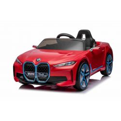 Elektrische loopauto BMW i4, rood, 2,4 GHz afstandsbediening, USB/AUX/Bluetooth, achterwielophanging, 12V accu, LED verlichting, 2 X 25W motor, ORIGINEEL kenteken