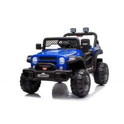 All Ride elektrische auto met achterwielaandrijving, blauw, 12V accu, Hoog onderstel, brede stoel, Vering op achteras, 2,4 GHz Afstandsbediening, MP3-speler met USB, LED verlichting