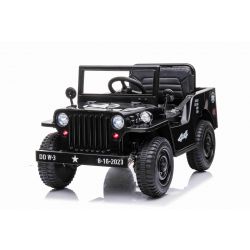 Elektrische drive-on USA ARMY auto KLEIN, zwart, achterwielaandrijving, enkele stoel, mp3-speler met USB/AUX ingang, opbergruimte achter en voor, ledverlichting, 12V7AH accu, kunststof wielen, kunststof stoelen, 2,4 GHz afstandsbediening