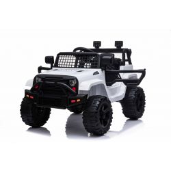 OFFROAD elektrische kinderauto met achterwielaandrijving, wit, 12V accu, hoog chassis, brede zitting, geveerde assen, 2,4 GHz afstandsbediening, mp3-speler met USB, led-verlichting