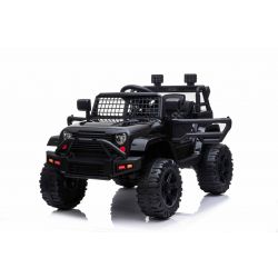 OFFROAD elektrische kinderauto met achterwielaandrijving, zwart, 12V accu, hoog chassis, brede zitting, geveerde assen, 2,4 GHz afstandsbediening, mp3-speler met USB, led-verlichting