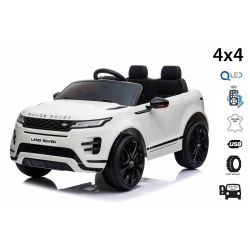 Elektrische speelgoed auto Range Rover EVOQUE, wit, enkele kunstleer zitting, mp3-speler met USB-ingang, 4x4-aandrijving, 12V10Ah-accu, EVA-wielen, geveerde assen, sleutelstart, 2,4 GHz Bluetooth-afstandsbediening, licentie