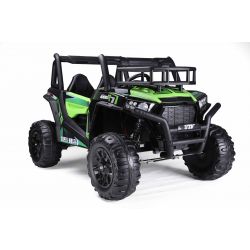 UTV 24V, groen, twee stoelen in kunstleer, 2,4 GHz afstandsbediening, 2 x 200 W-motoren, elektrische rem, led-verlichting, zachte EVA-wielen met vering, mp3-speler met USB / AUX