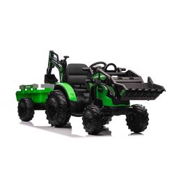 Elektrische trekker TOP-WORKER 12V met pollepels en aanhanger, Eenzitter, groen, 2,4 GHz afstandsbediening, zachte PU-stoel, MP3-speler met USB-ingang, Achteraandrijving, 2 x 45W Motor, EVA-wielen, 12V / 10Ah-batterij