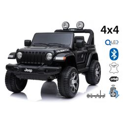 Elektrische kinderauto JEEP Wrangler kinderen elektrische jeep, zwart, Dubbele kunstleren zitting, radio met Bluetooth en USB-ingang, 4x4-aandrijving, 12V10Ah-batterij, EVA-wielen, verende assen, 2,4 GHz afstandsbediening, licentie