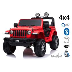 Elektrische kinderauto JEEP Wrangler kinderen elektrische jeep, rood, Dubbele kunstleren zitting, radio met Bluetooth en USB-ingang, 4x4-aandrijving, 12V10Ah-batterij, EVA-wielen, verende assen, 2,4 GHz afstandsbediening, licentie
