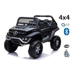 Electrische kinder auto Mercedes-Benz UNIMOG - Zwart, 2,4 GHz afstandsbediening, 4 X 4, twee stoelen, vering, startknop, zachte EVA-wielen, USB, Bluetooth