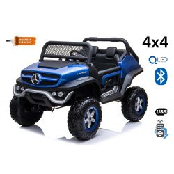 Electrische kinder auto  Mercedes-Benz UNIMOG - Blauw geverfd, 2,4 GHz afstandsbediening, 4 X 4, twee stoelen, vering, startknop, zachte EVA-wielen, USB, Bluetooth