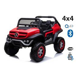 Electrische kinder auto Mercedes-Benz UNIMOG - Rood, 2,4 Ghz afstandsbediening, 4 X 4, twee stoelen, vering, startknop, zachte EVA-wielen, USB, Bluetooth