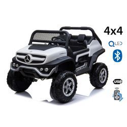 Electrische kinder auto Mercedes-Benz UNIMOG - Wit, 2,4 Ghz afstandsbediening, 4 X 4, twee zitplaatsen, vering, startknop, zachte EVA-wielen, USB, Bluetooth