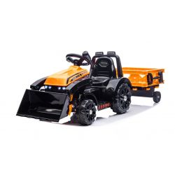 Elektrische Tractor FARMER met pollepel en aanhanger, oranje, achteraandrijving, 6V batterij, Kunststof wielen, brede stoel, 20W Motor, Eenzitter, Stuurbediening, LED-verlichting