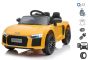 Elektrische auto kind 2 persoons Audi R8 Small, Geel, Originele licentie, Batterijvoeding, Openende deuren, 2x 35W-motor, 12 V-batterij, 2,4 Ghz-afstandsbediening, Zachte EVA-wielen, Vering, Zachte start