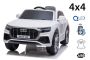 Elektrische speelgoed auto Audi Q8, Wit, Originele licentie, Kunstleer zitting, Openende deuren, 2x 25W-motor, 12 V-batterij, 2,4 Ghz-afstandsbediening, Zachte EVA-wielen, LED-verlichting, Softstart, ORIGINELE licentie