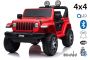 Elektrische kinderauto JEEP Wrangler kinderen elektrische jeep, rood, Dubbele kunstleren zitting, radio met Bluetooth en USB-ingang, 4x4-aandrijving, 12V10Ah-batterij, EVA-wielen, verende assen, 2,4 GHz afstandsbediening, licentie